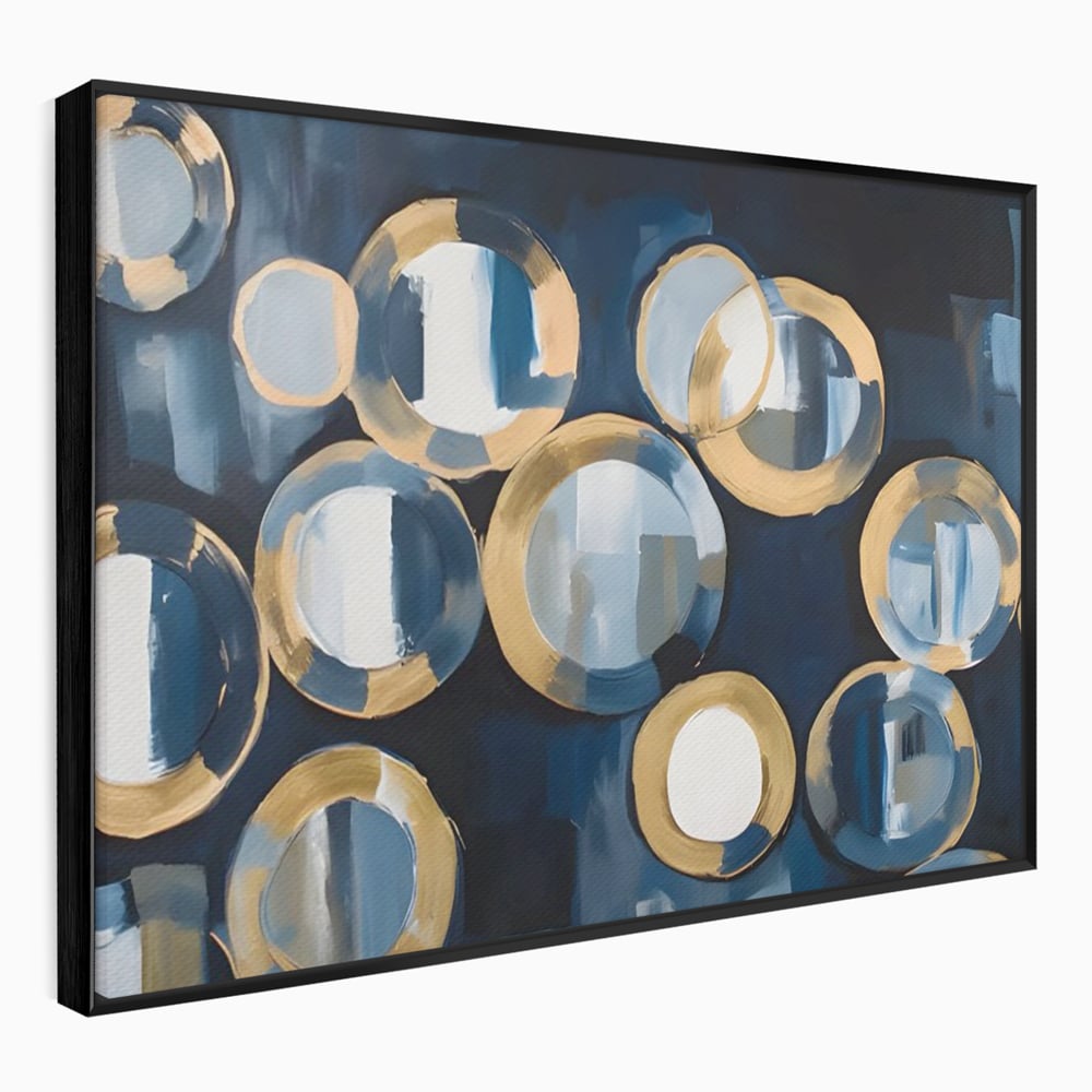 Tablou canvas cu pictura abstracta cu cercuri albastre si aurii, in rama de aluminiu negru
