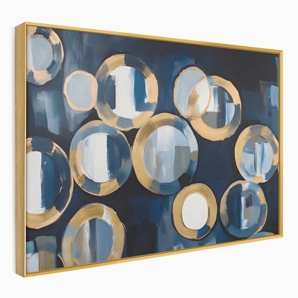 Tablou canvas cu pictura abstracta cu cercuri albastre si aurii, in rama de aluminiu auriu