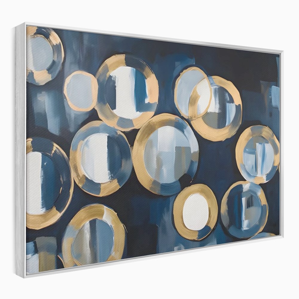 Tablou canvas cu pictura abstracta cu cercuri albastre si aurii, in rama de aluminiu argintiu