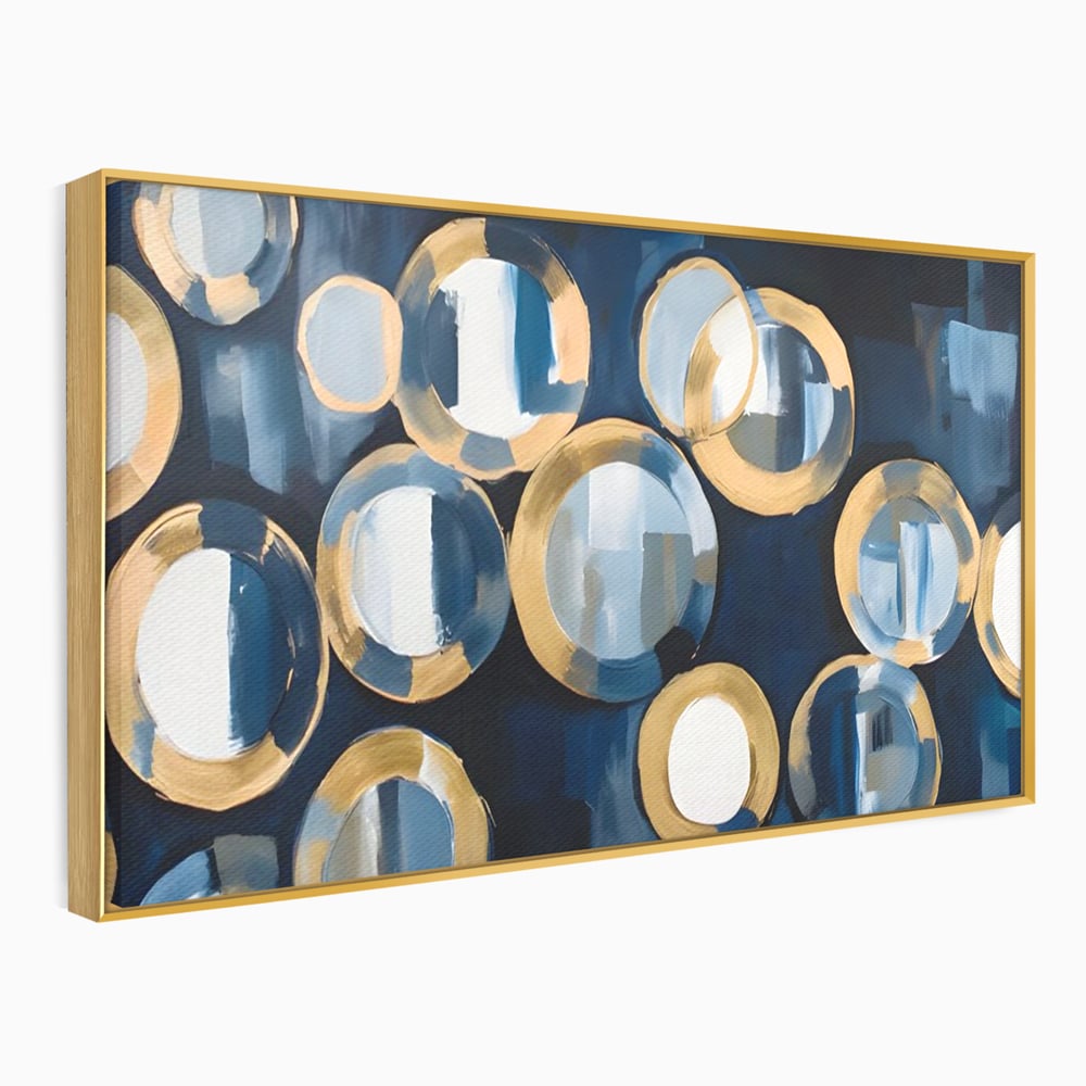 Tablou canvas cu pictura abstracta cu cercuri albastre si aurii, in rama de aluminiu auriu