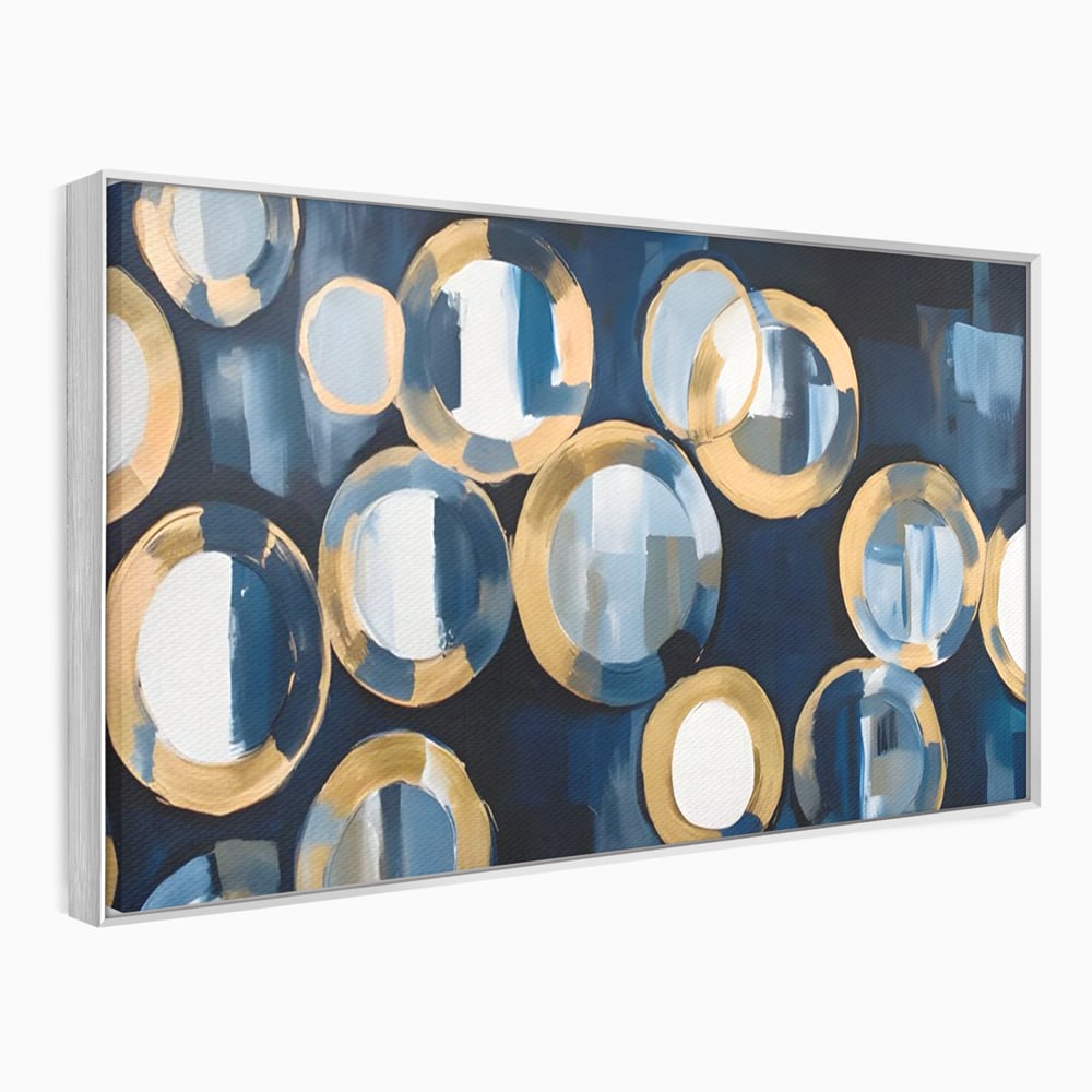 Tablou canvas cu pictura abstracta cu cercuri albastre si aurii, in rama de aluminiu argintiu