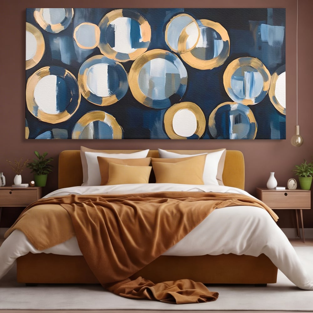 Tablou canvas cu pictura abstracta cu cercuri albastre si aurii, fara rama, pe sasiu de lemn, pe perete intr-un dormitor