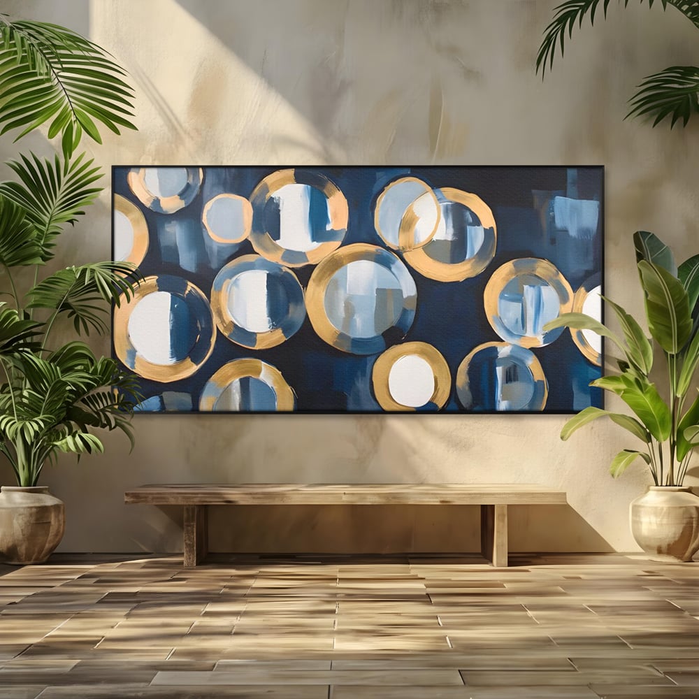 Tablou canvas cu pictura abstracta cu cercuri albastre si aurii, in rama de aluminiu negru