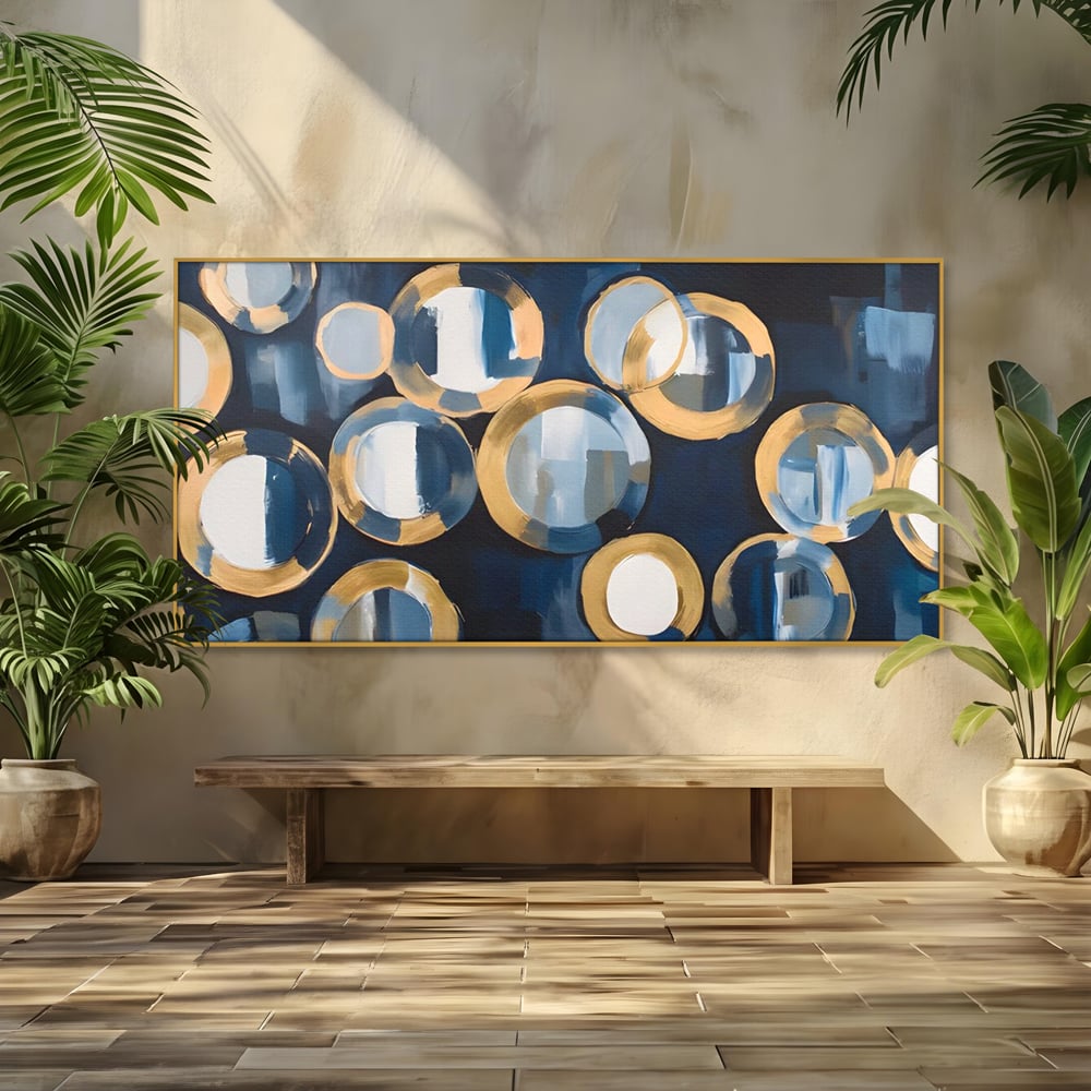 Tablou canvas cu pictura abstracta cu cercuri albastre si aurii, in rama de aluminiu auriu