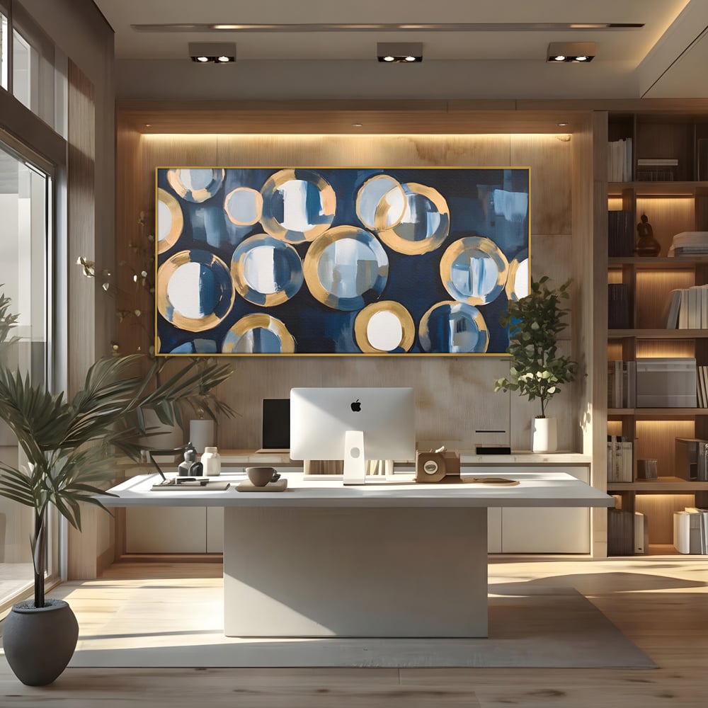Tablou canvas cu pictura abstracta cu cercuri albastre si aurii, in rama de aluminiu auriu, pe perete intr-un birou