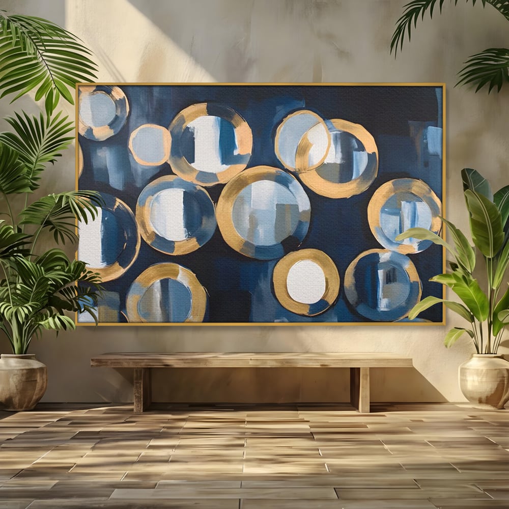 Tablou canvas cu pictura abstracta cu cercuri albastre si aurii, in rama de aluminiu auriu