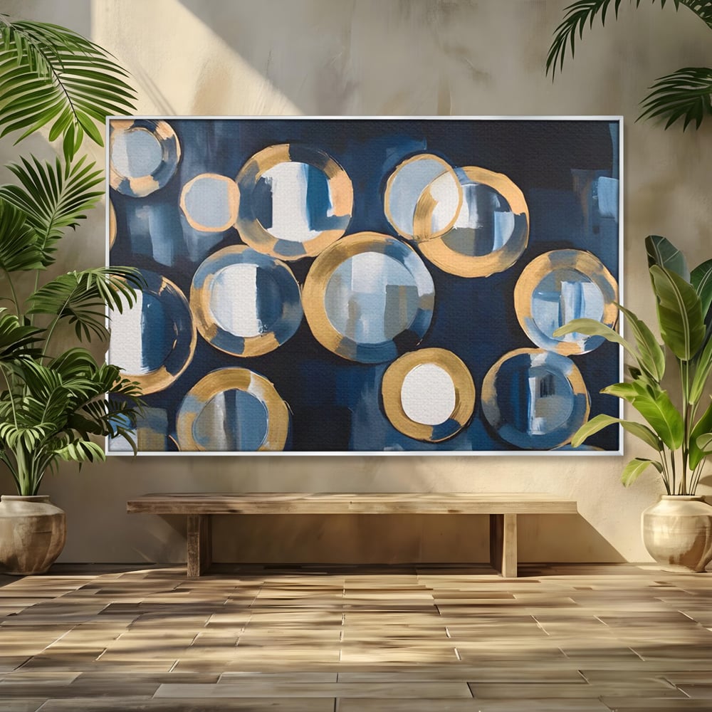 Tablou canvas cu pictura abstracta cu cercuri albastre si aurii, in rama de aluminiu argintiu