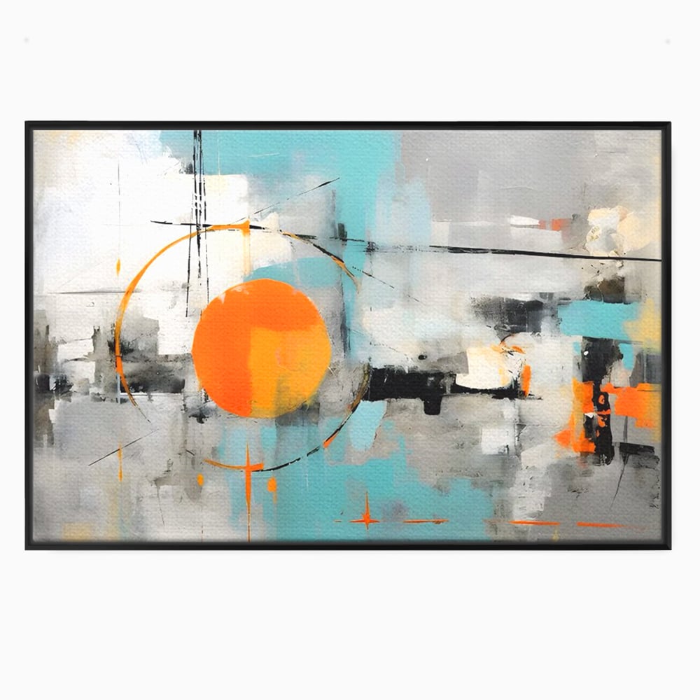 Tablou canvas cu pictura abstracta cu cerc portocaliu, in rama de aluminiu negru