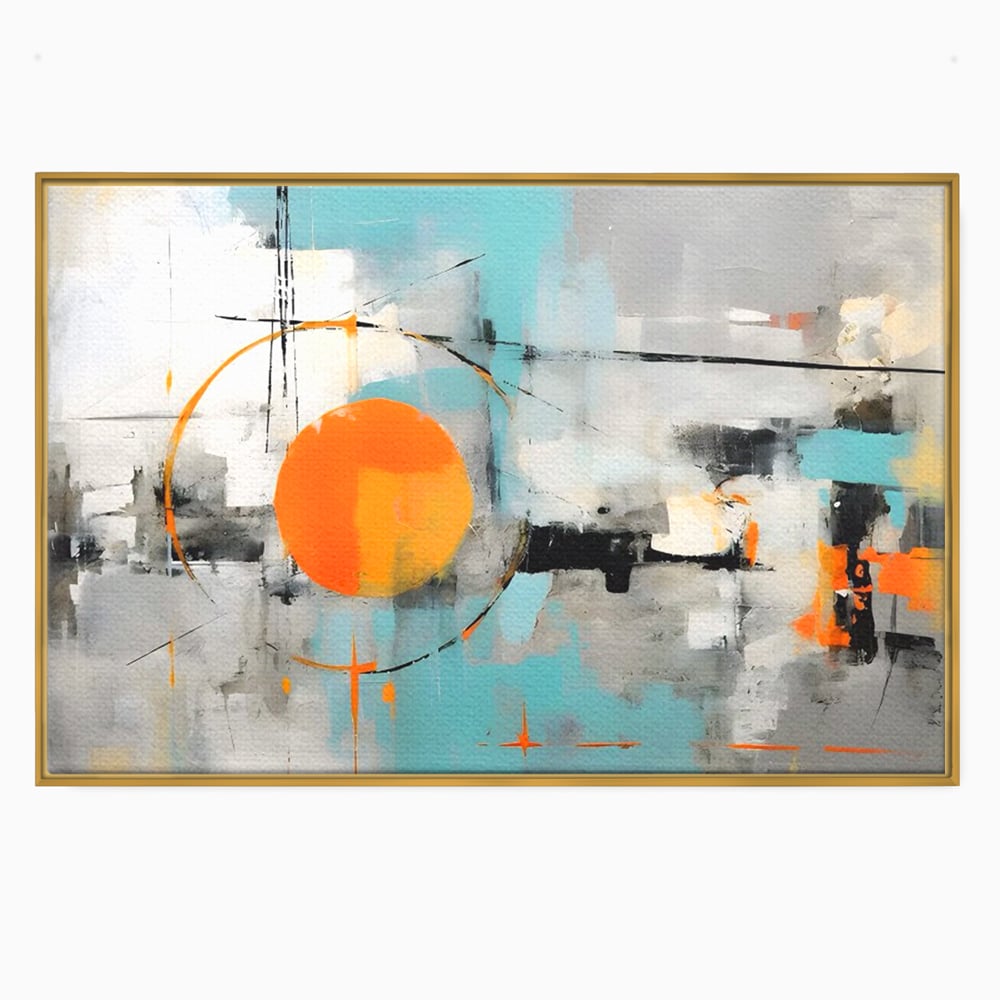 Tablou canvas cu pictura abstracta cu cerc portocaliu, in rama de aluminiu auriu