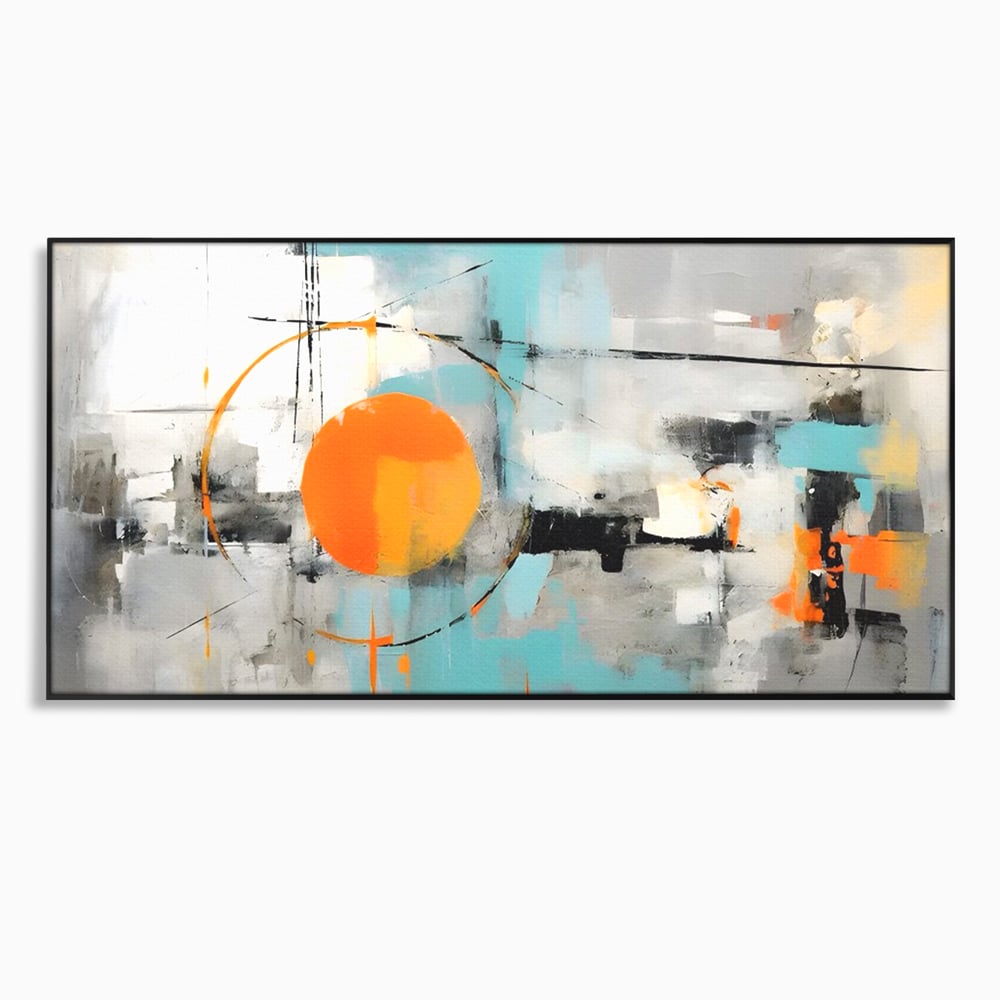 Tablou canvas cu pictura abstracta cu cerc portocaliu, in rama de aluminiu negru
