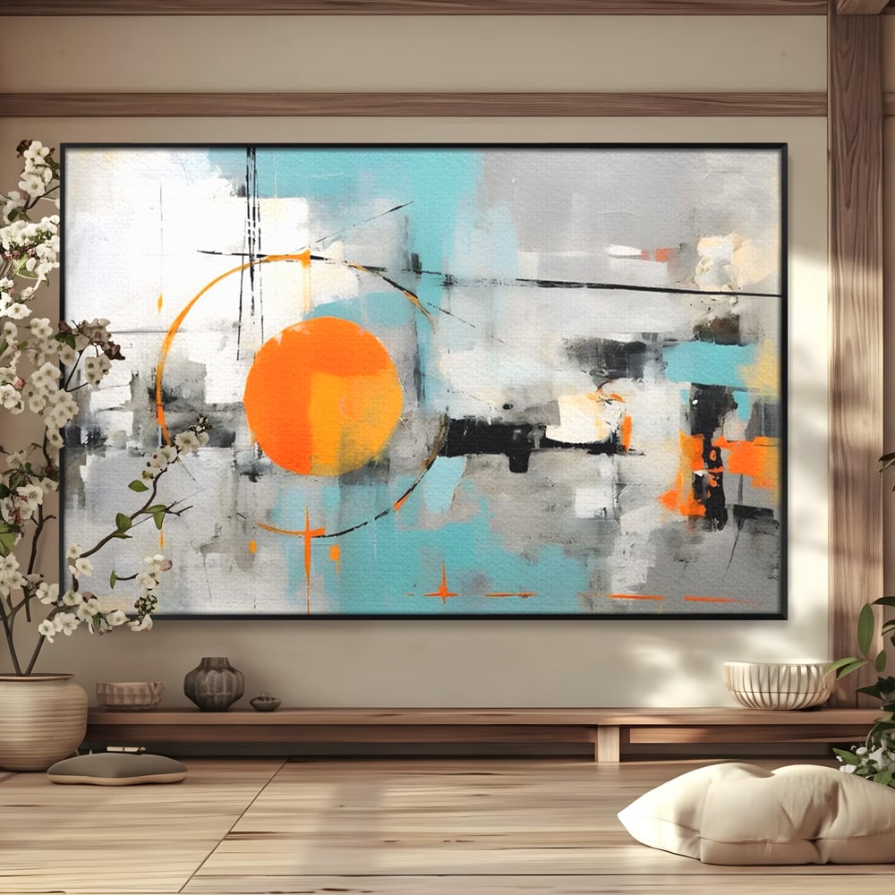 Tablou canvas cu pictura abstracta cu cerc portocaliu, in rama de aluminiu negru