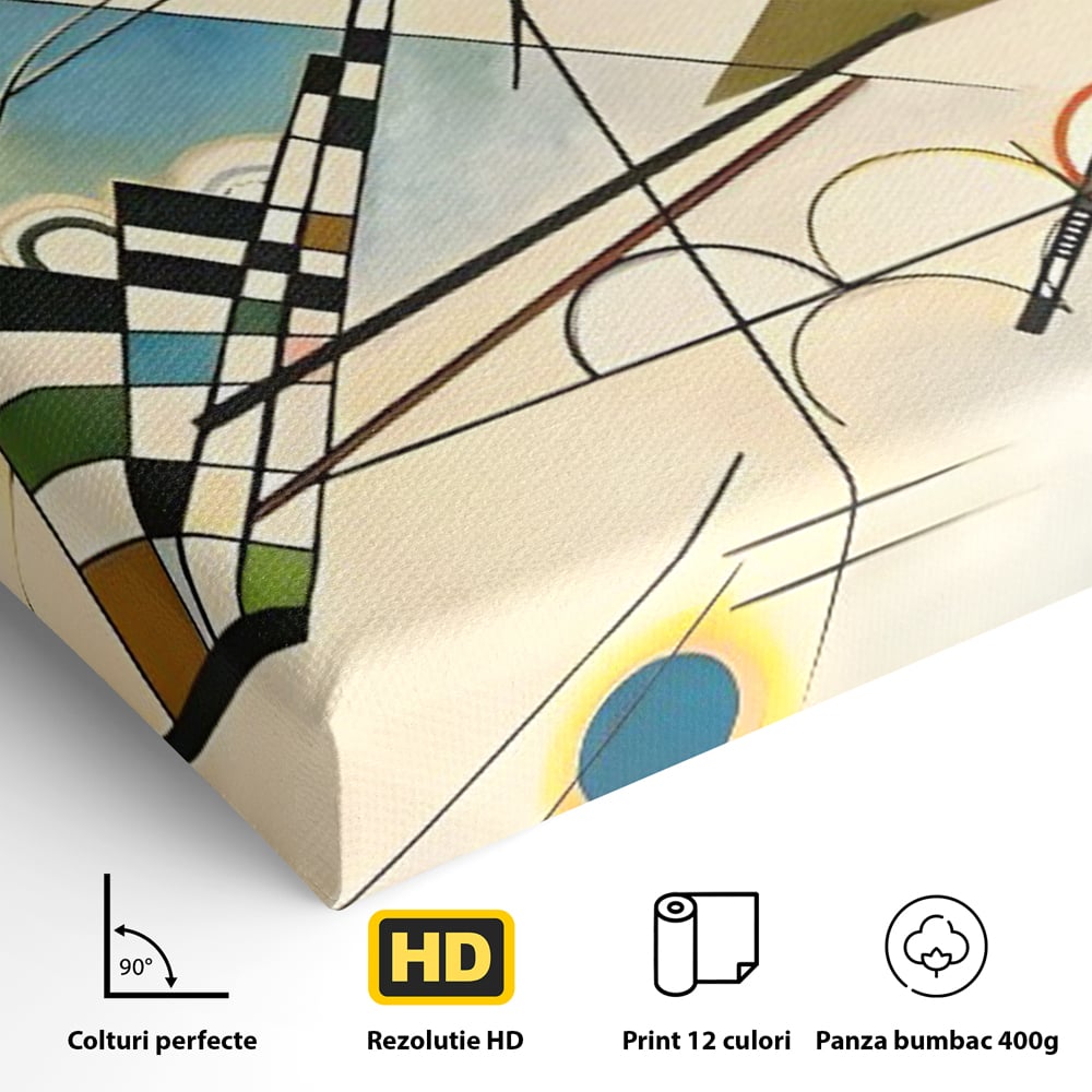 Detaliu al suprafetei: pictura abstracta cu forme geometrice colorate, fara rama, pe sasiu de lemn