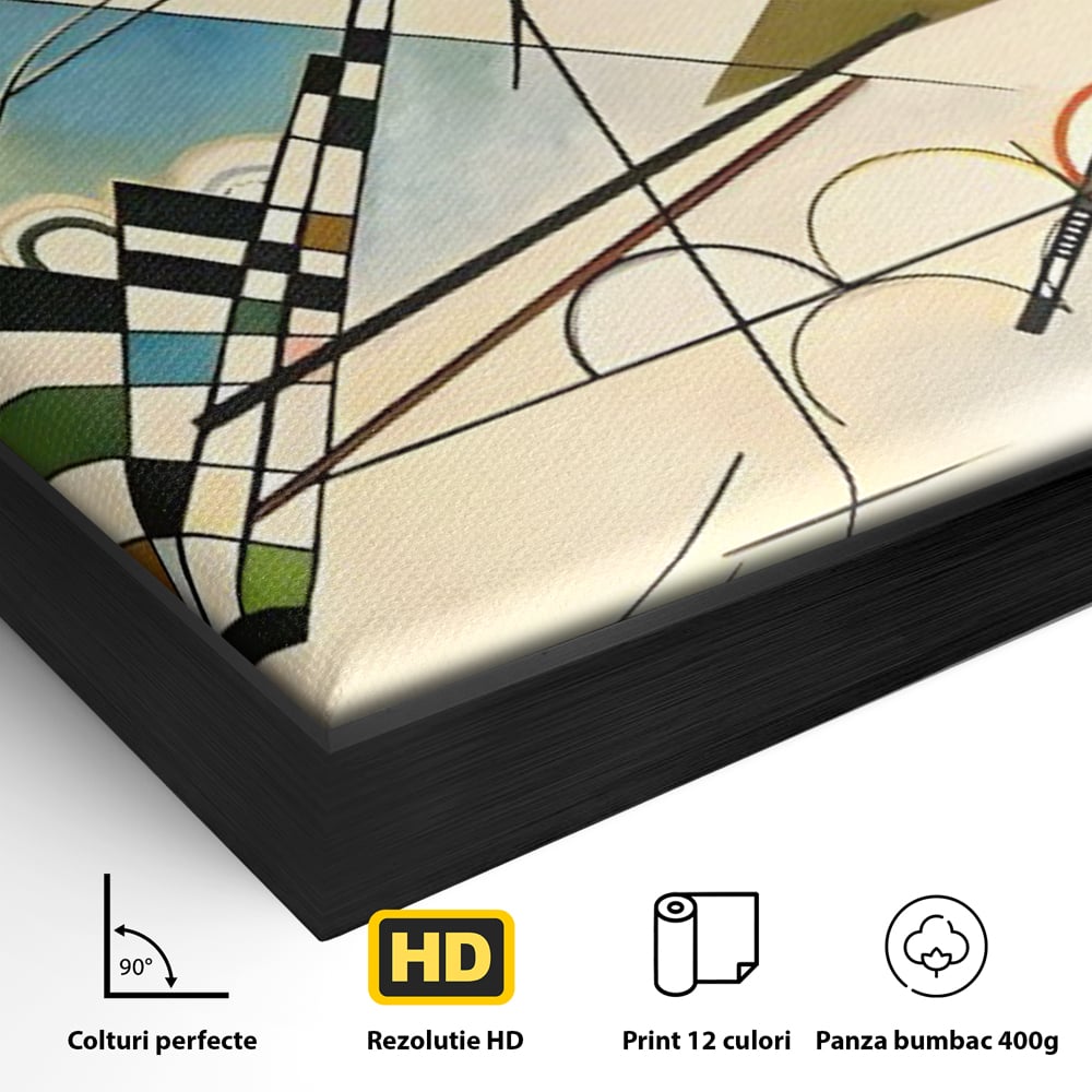 Detaliu al suprafetei: pictura abstracta cu forme geometrice colorate, in rama de aluminiu negru