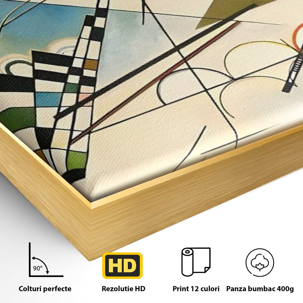 Detaliu al suprafetei: pictura abstracta cu forme geometrice colorate, in rama de aluminiu auriu
