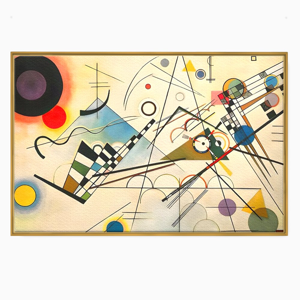 Tablou canvas cu pictura abstracta cu forme geometrice colorate, in rama de aluminiu auriu