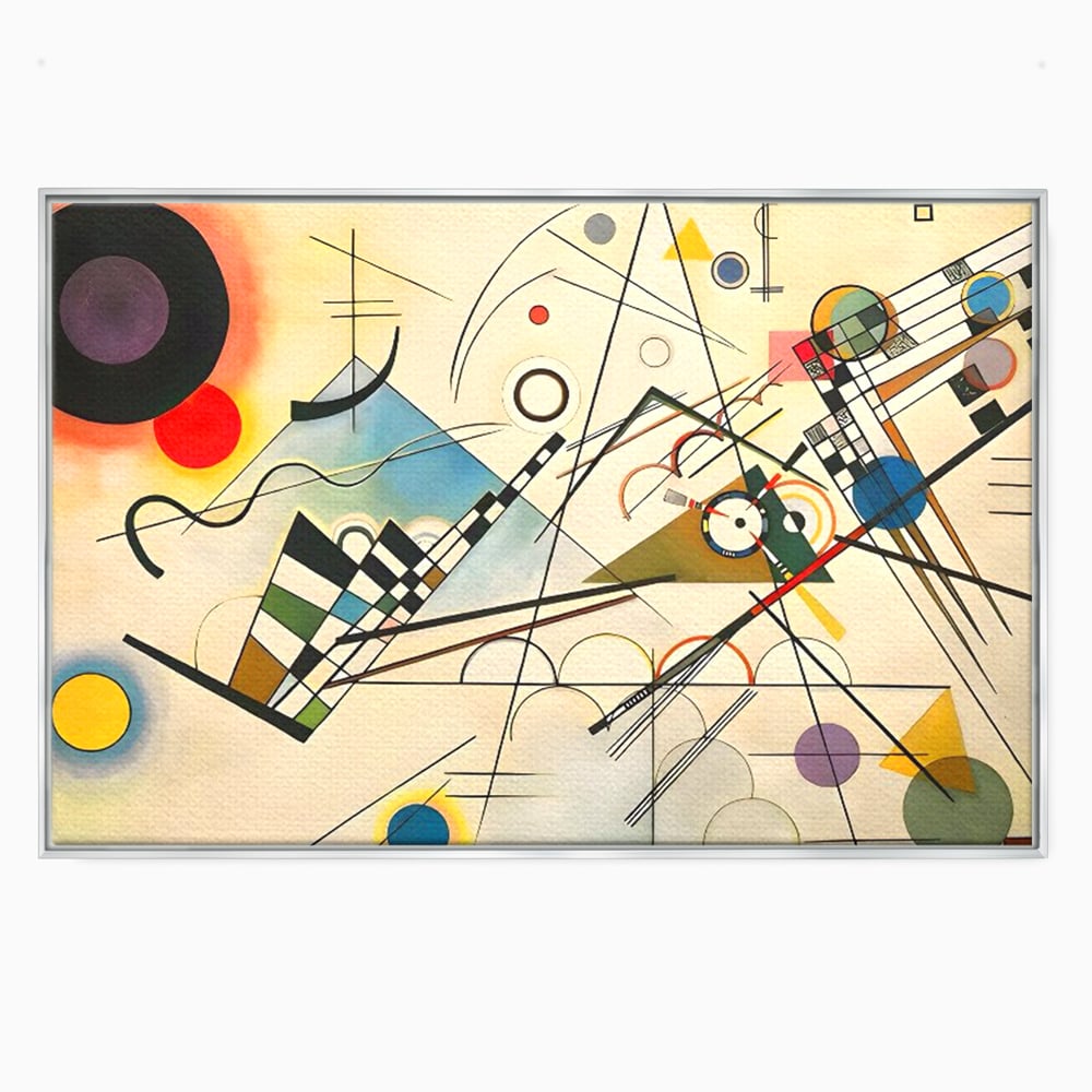 Tablou canvas cu pictura abstracta cu forme geometrice colorate, in rama de aluminiu argintiu