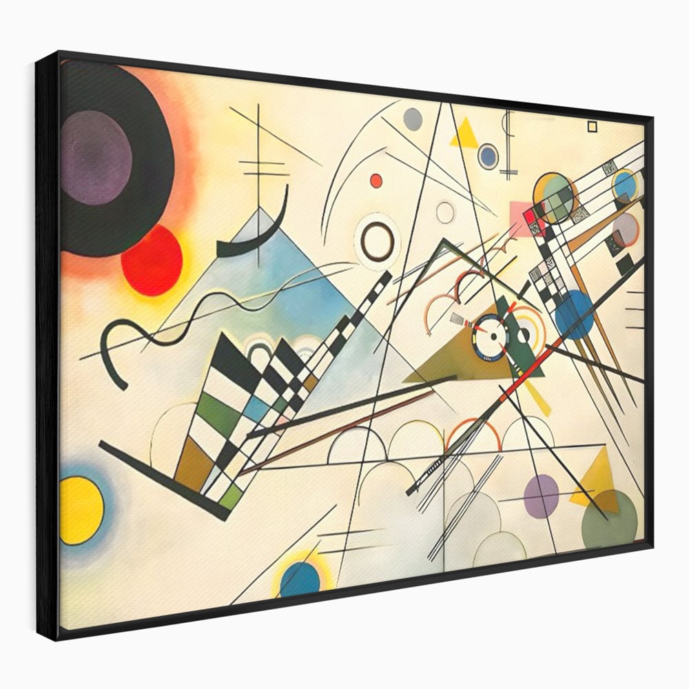 Tablou canvas cu pictura abstracta cu forme geometrice colorate, in rama de aluminiu negru