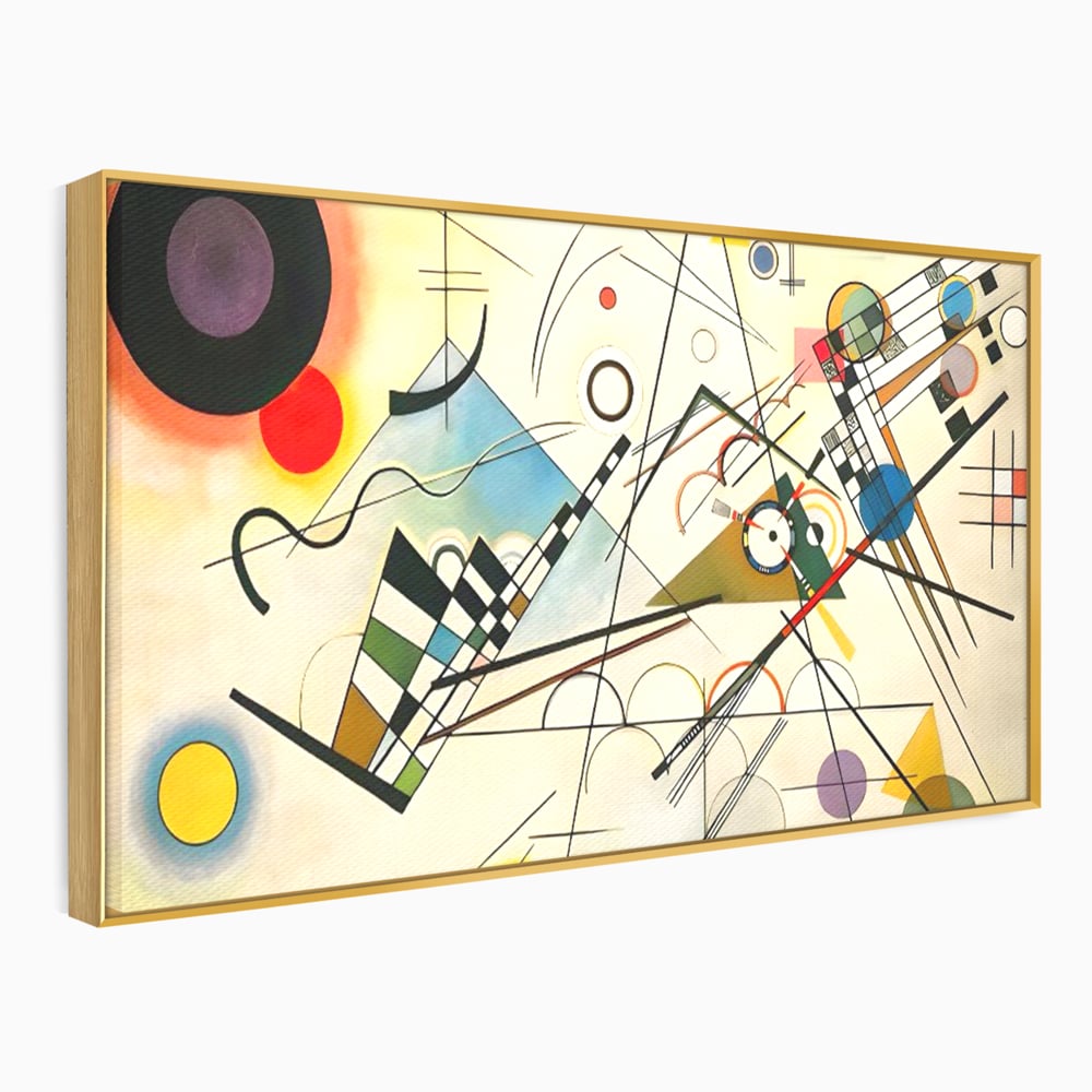Tablou canvas cu pictura abstracta cu forme geometrice colorate, in rama de aluminiu auriu