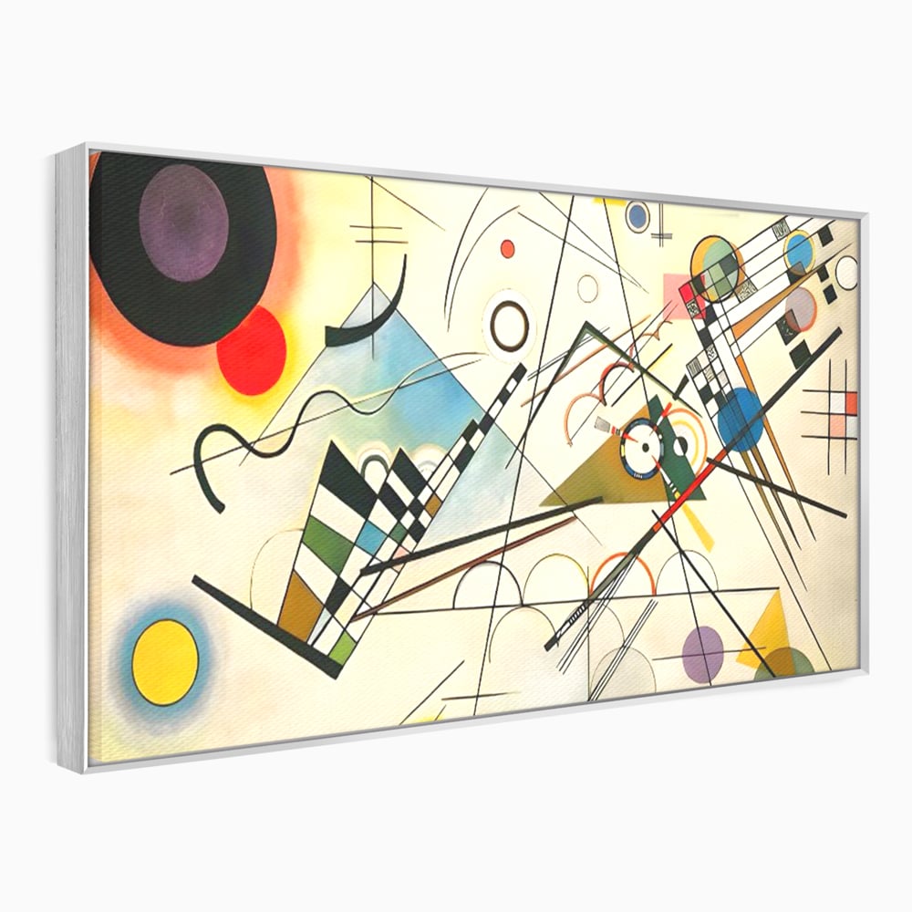 Tablou canvas cu pictura abstracta cu forme geometrice colorate, in rama de aluminiu argintiu