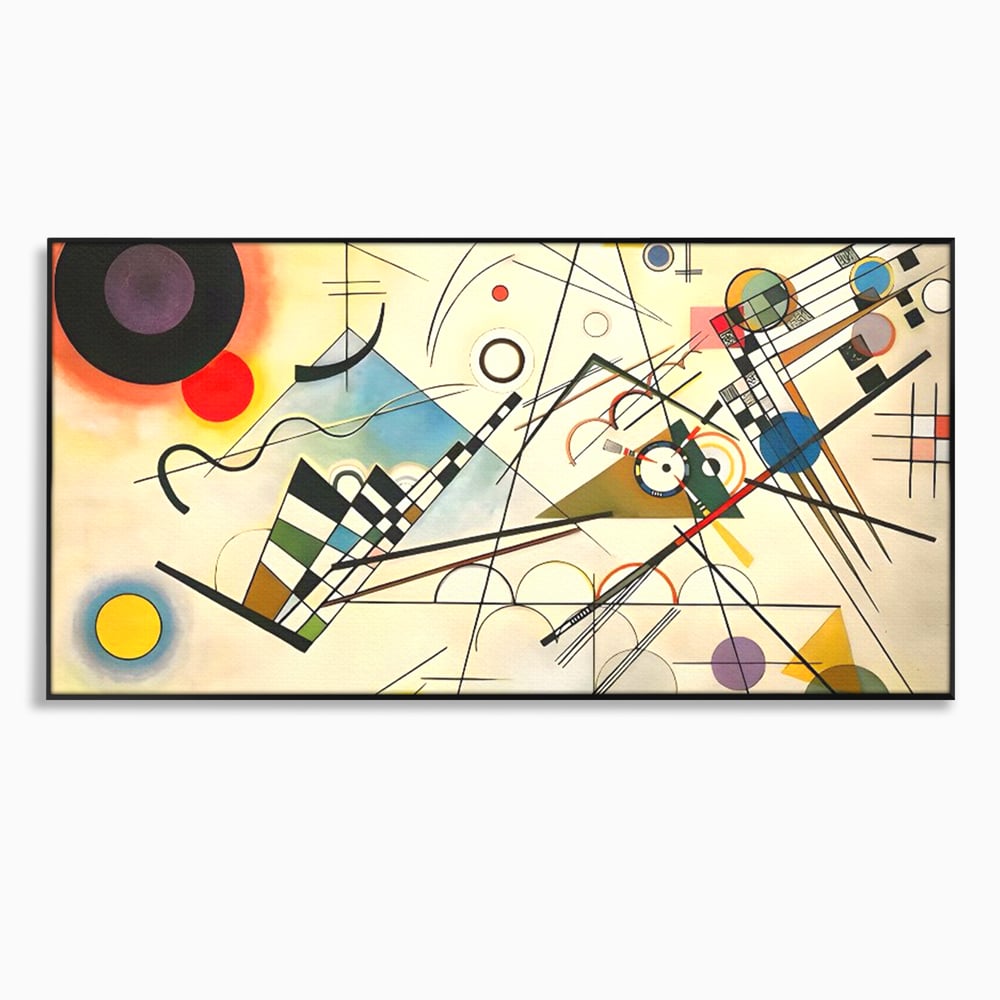 Tablou canvas cu pictura abstracta cu forme geometrice colorate, in rama de aluminiu negru