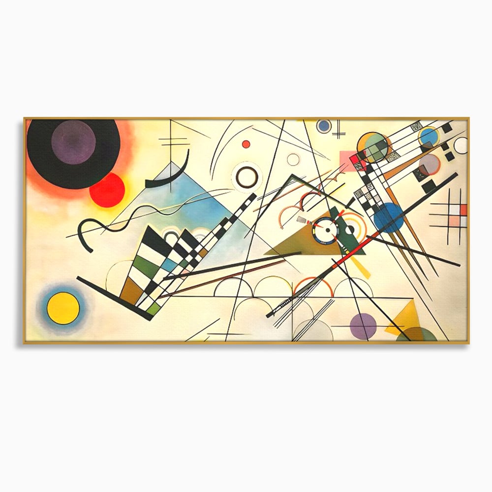 Tablou canvas cu pictura abstracta cu forme geometrice colorate, in rama de aluminiu auriu