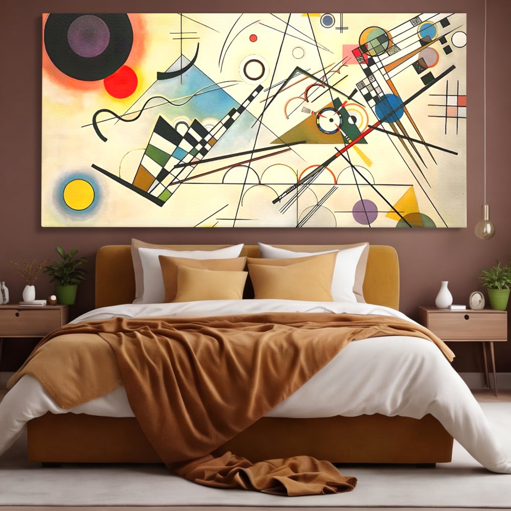 Tablou canvas cu pictura abstracta cu forme geometrice colorate, fara rama, pe sasiu de lemn, pe perete intr-un dormitor