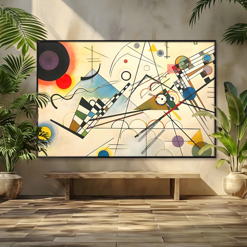 Tablou canvas cu pictura abstracta cu forme geometrice colorate, in rama de aluminiu negru