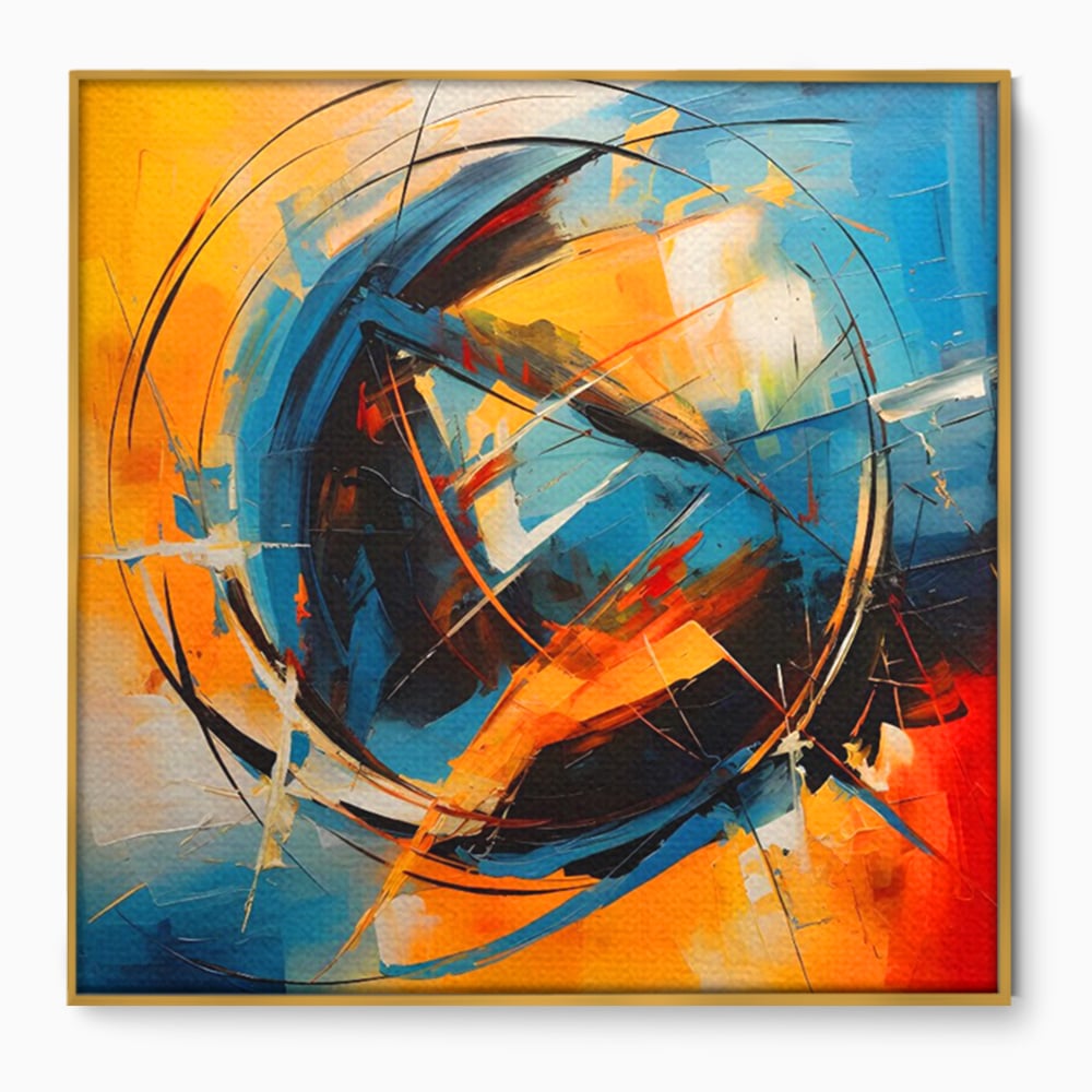 Tablou canvas cu pictura abstracta cu cercuri si linii, in rama de aluminiu auriu