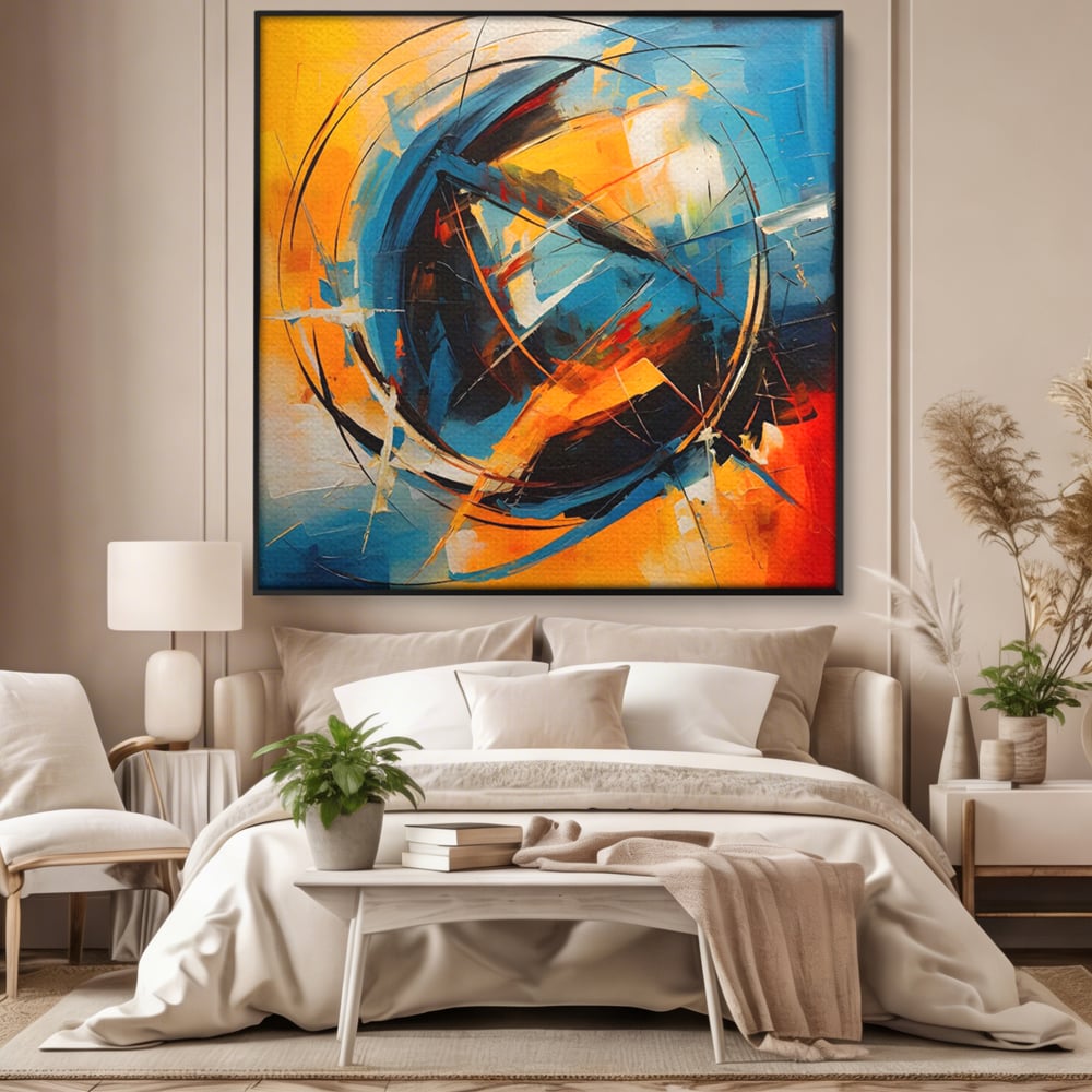 Tablou canvas cu pictura abstracta cu cercuri si linii, in rama de aluminiu negru, pe perete intr-un dormitor