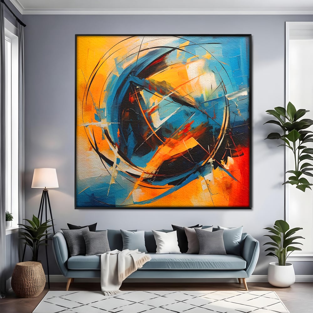 Tablou canvas cu pictura abstracta cu cercuri si linii, in rama de aluminiu negru, pe perete intr-un living