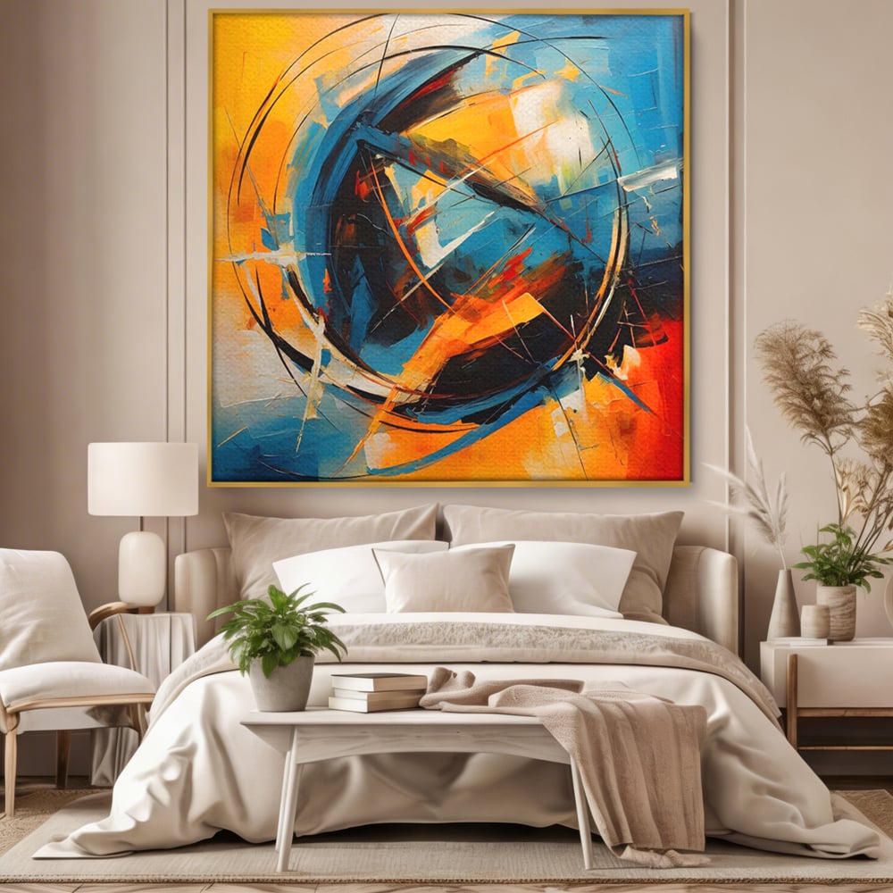 Tablou canvas cu pictura abstracta cu cercuri si linii, in rama de aluminiu auriu, pe perete intr-un dormitor