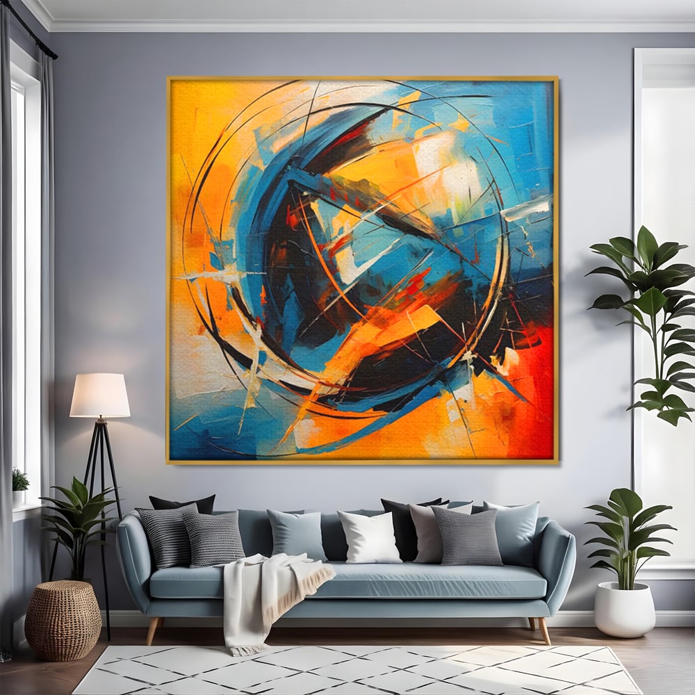 Tablou canvas cu pictura abstracta cu cercuri si linii, in rama de aluminiu auriu, pe perete intr-un living