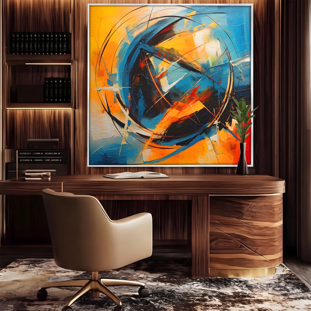 Tablou canvas cu pictura abstracta cu cercuri si linii, in rama de aluminiu argintiu, pe perete intr-un birou