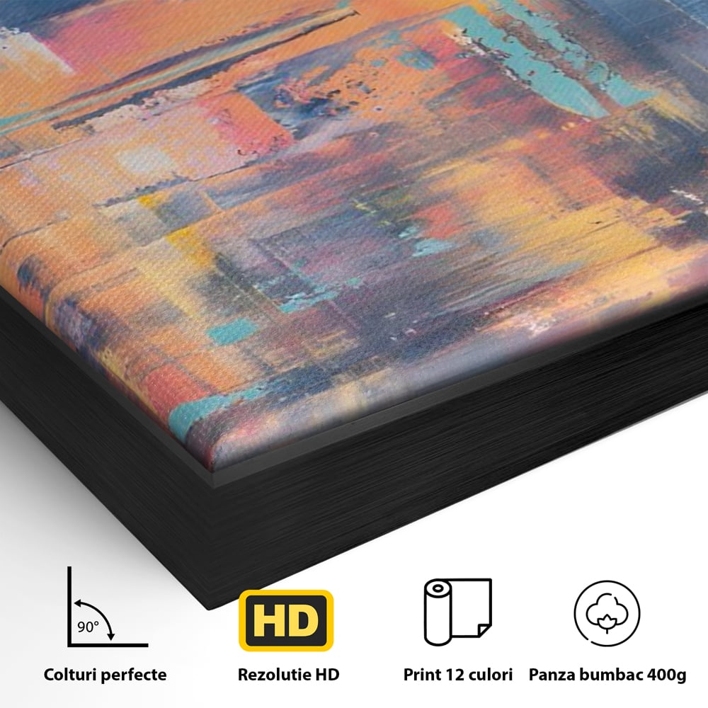 Detaliu al suprafetei: pictura abstracta cu linii verticale, in rama de aluminiu negru