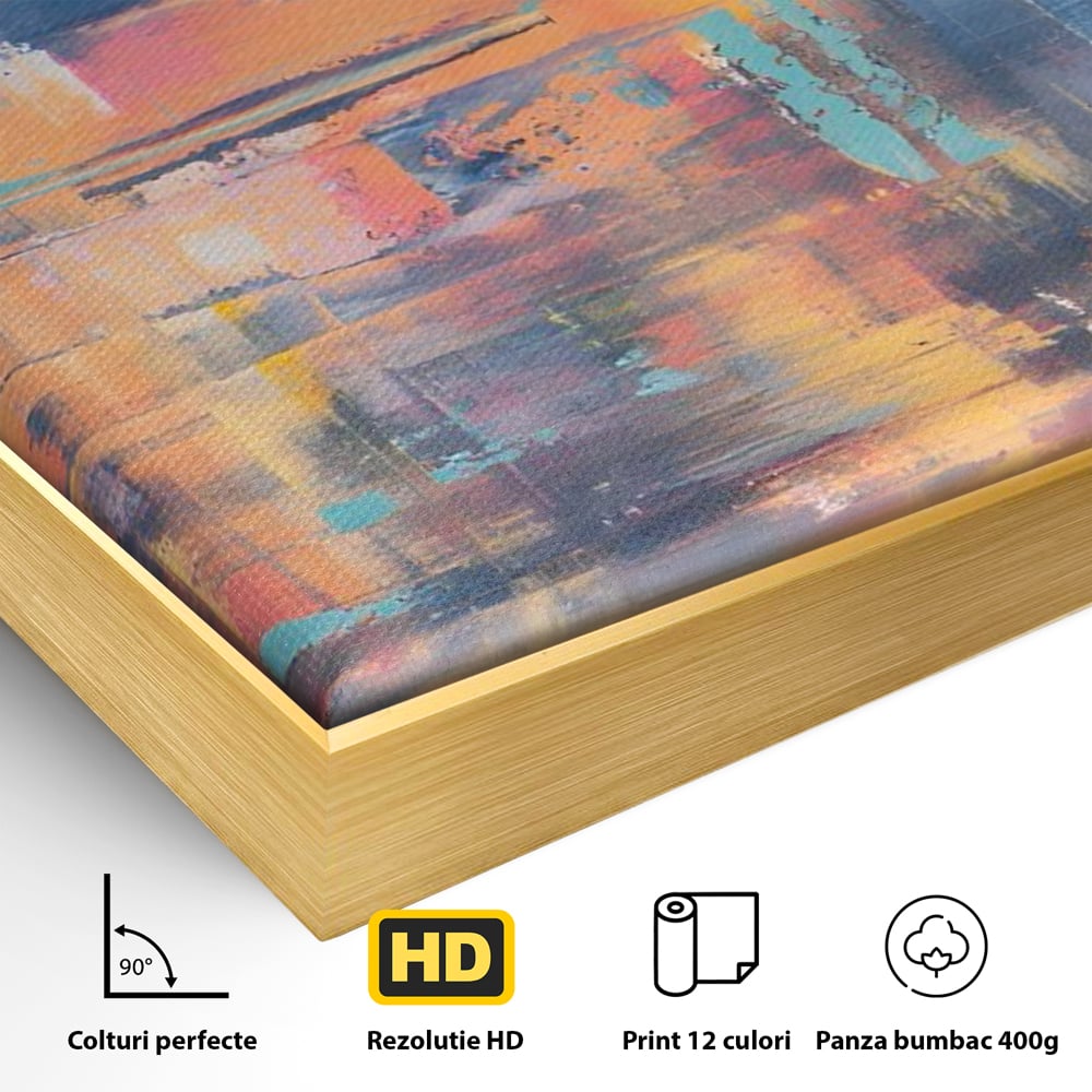 Detaliu al suprafetei: pictura abstracta cu linii verticale, in rama de aluminiu auriu