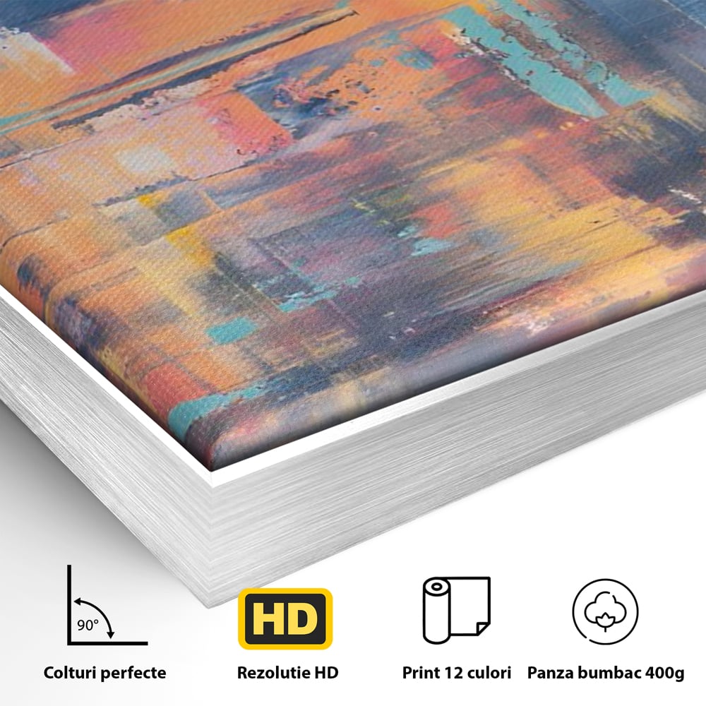 Detaliu al suprafetei: pictura abstracta cu linii verticale, in rama de aluminiu argintiu