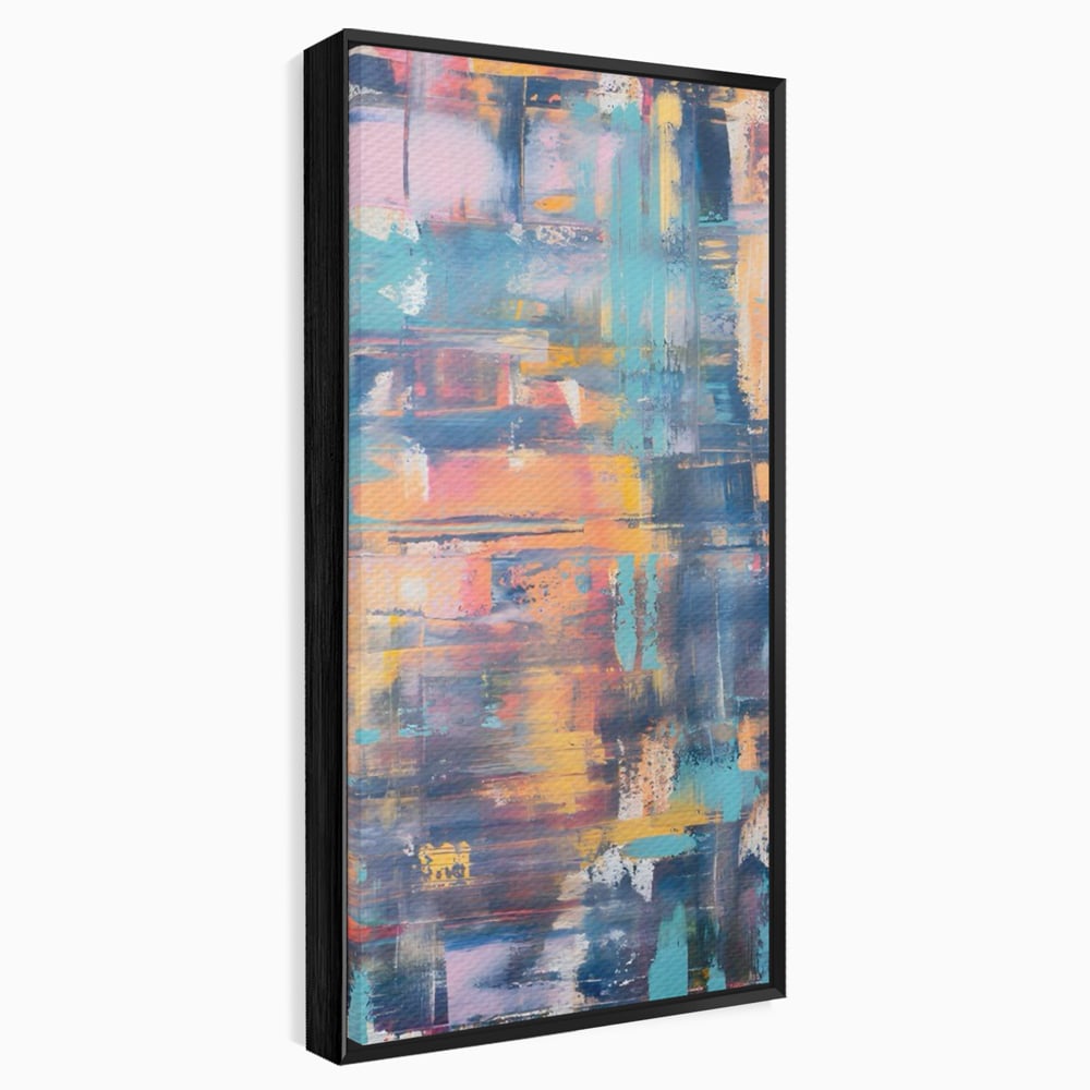 Tablou canvas cu pictura abstracta cu linii verticale, in rama de aluminiu negru
