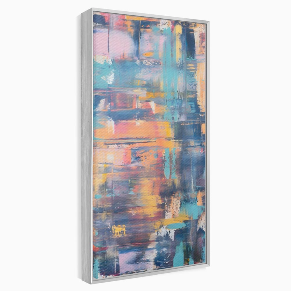 Tablou canvas cu pictura abstracta cu linii verticale, in rama de aluminiu argintiu