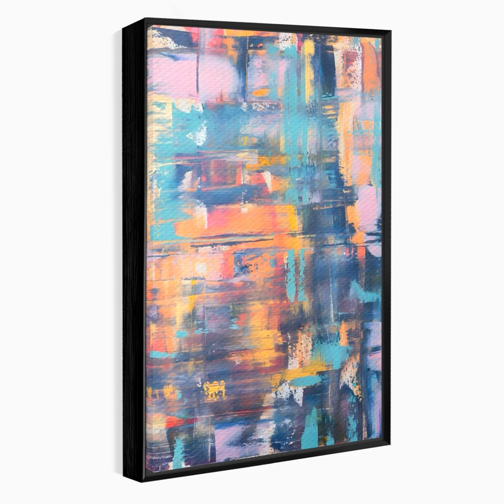 Tablou canvas cu pictura abstracta cu linii verticale, in rama de aluminiu negru