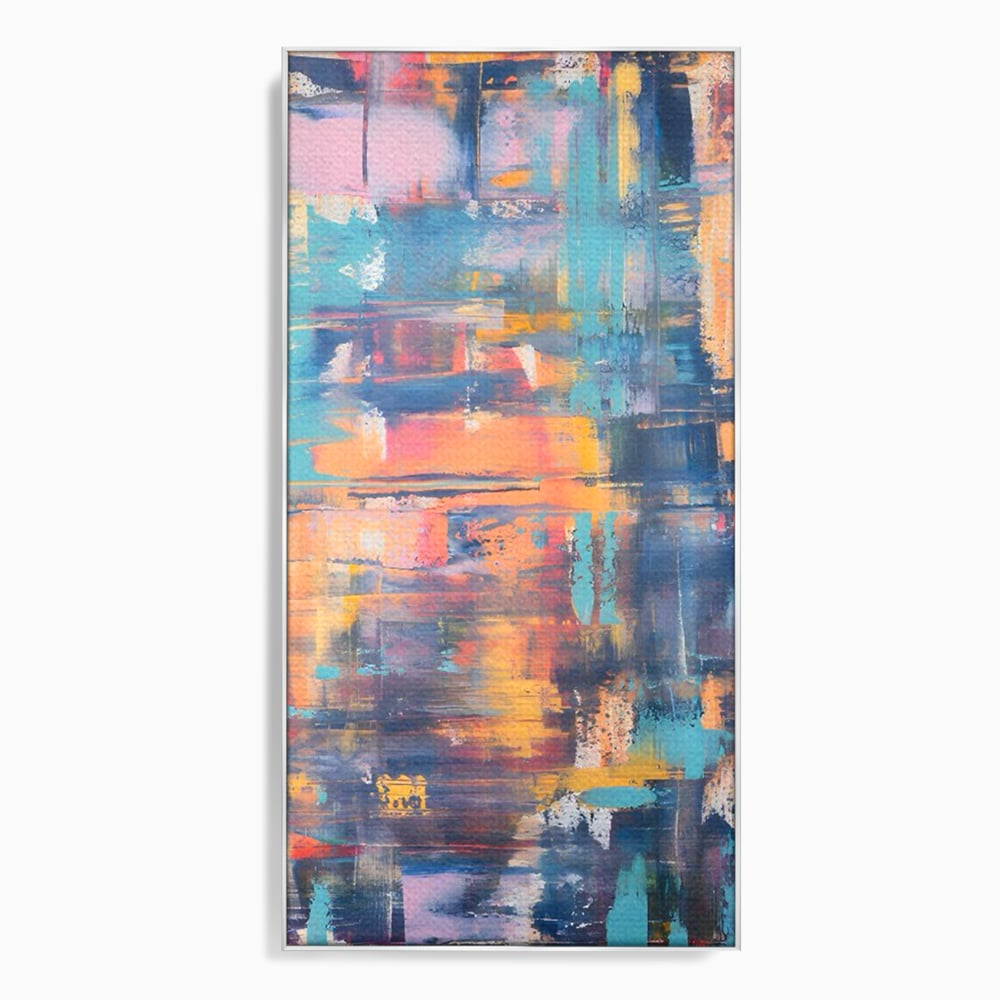 Tablou canvas cu pictura abstracta cu linii verticale, in rama de aluminiu argintiu