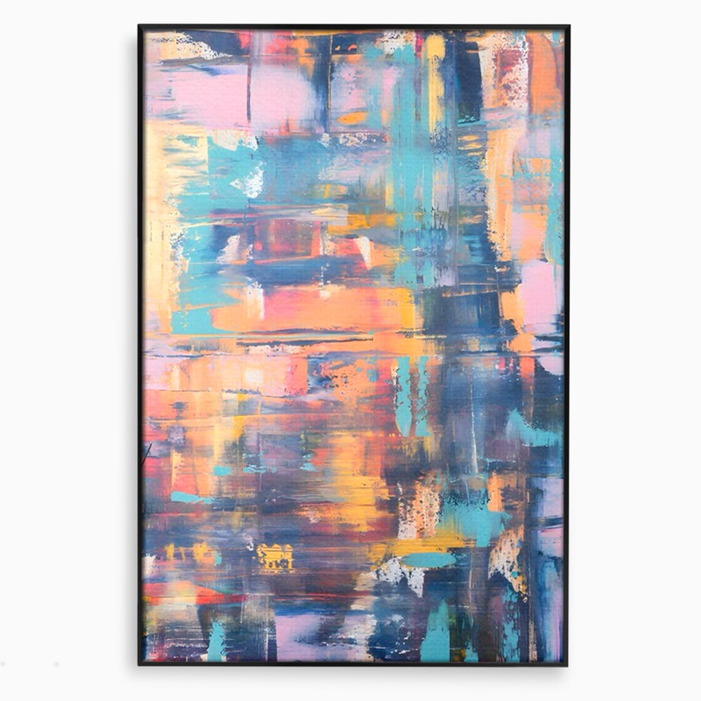 Tablou canvas cu pictura abstracta cu linii verticale, in rama de aluminiu negru