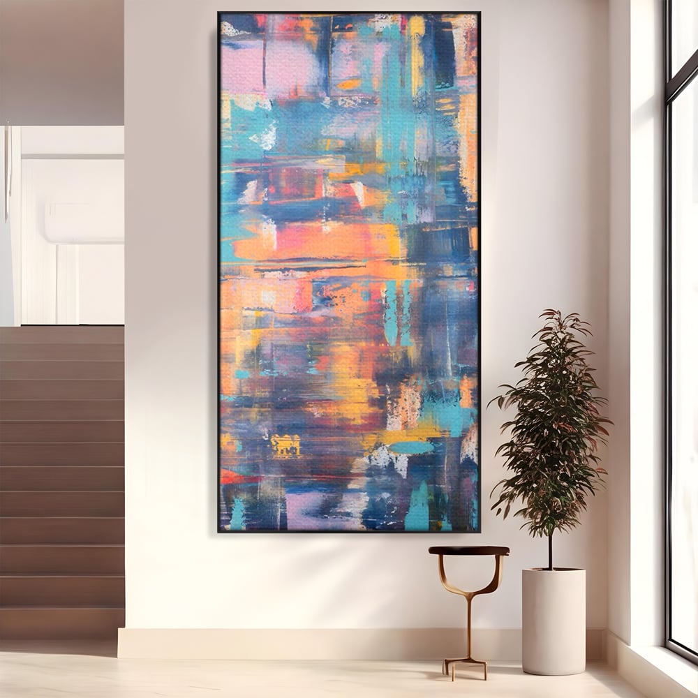 Tablou canvas cu pictura abstracta cu linii verticale, in rama de aluminiu negru