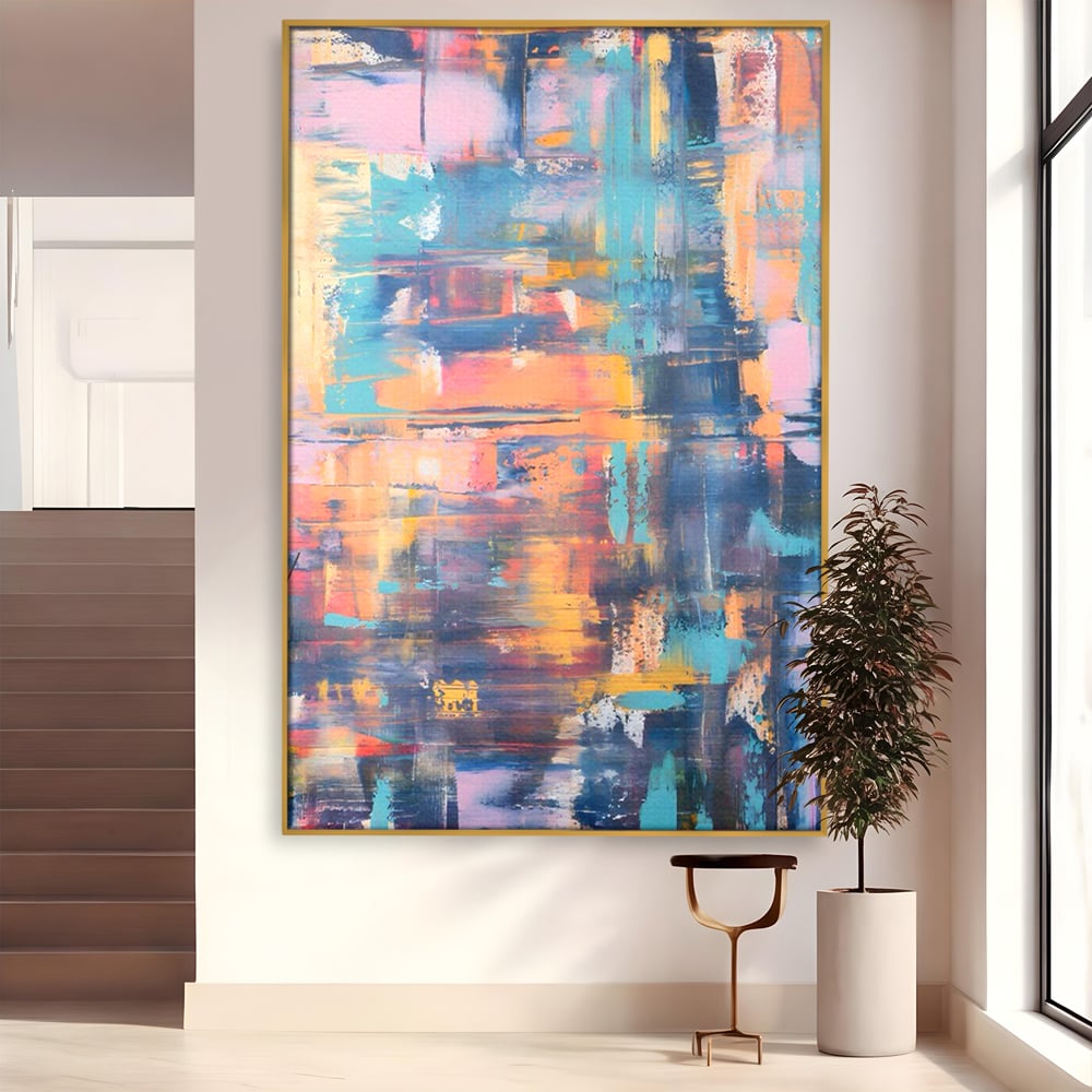 Tablou canvas cu pictura abstracta cu linii verticale, in rama de aluminiu auriu