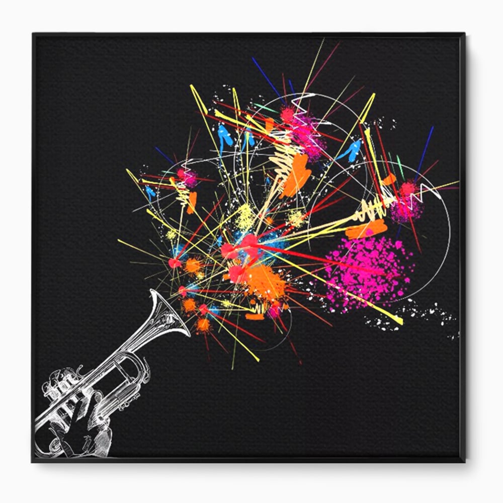 Tablou canvas cu ilustratie digitala cu trompeta si explozie de culori, in rama de aluminiu negru