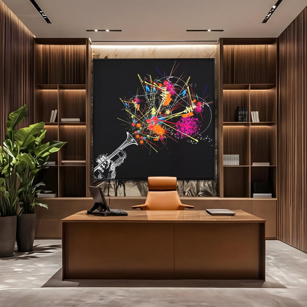 Tablou canvas cu ilustratie digitala cu trompeta si explozie de culori, in rama de aluminiu negru, pe perete intr-un birou