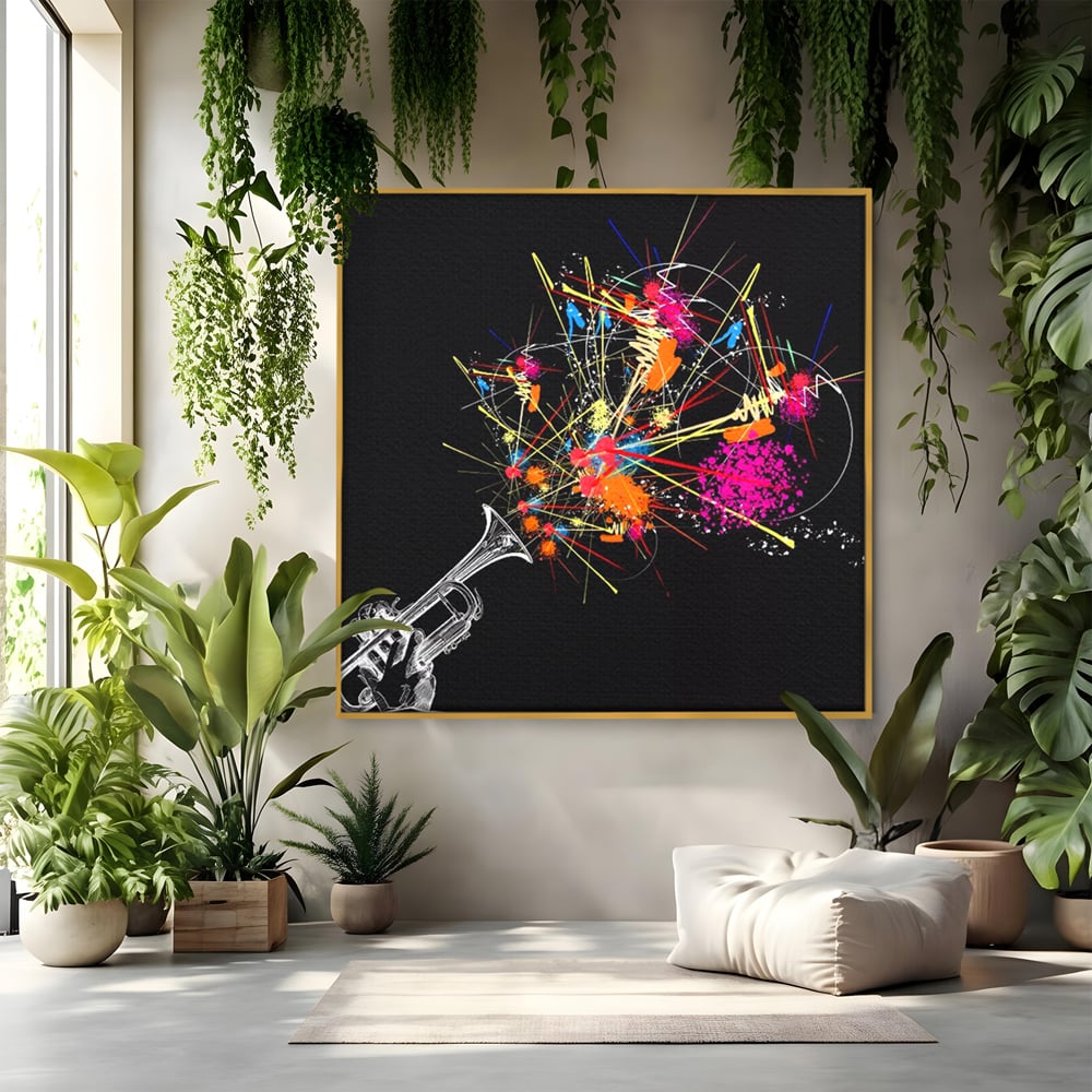 Tablou canvas cu ilustratie digitala cu trompeta si explozie de culori, in rama de aluminiu auriu