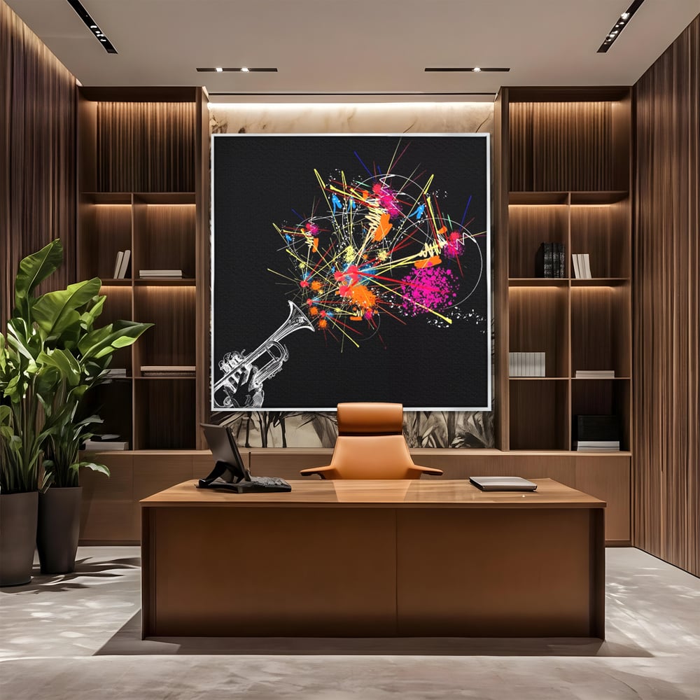 Tablou canvas cu ilustratie digitala cu trompeta si explozie de culori, in rama de aluminiu argintiu, pe perete intr-un birou