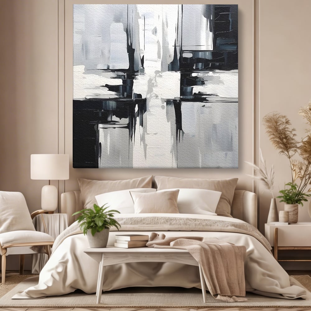 Tablou canvas cu pictura abstracta alb-negru, fara rama, pe sasiu de lemn, pe perete intr-un dormitor