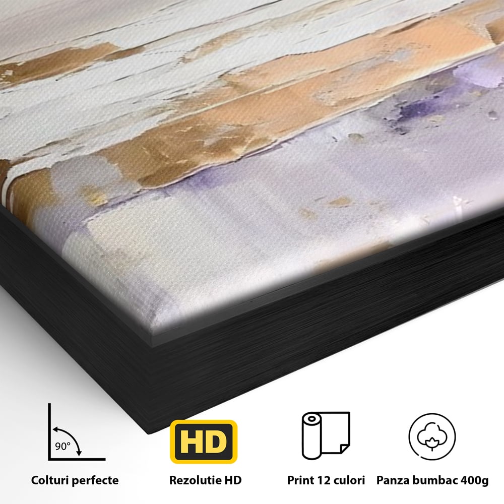 Detaliu al suprafetei: pictura abstracta cu valuri si cer pastelat, in rama de aluminiu negru