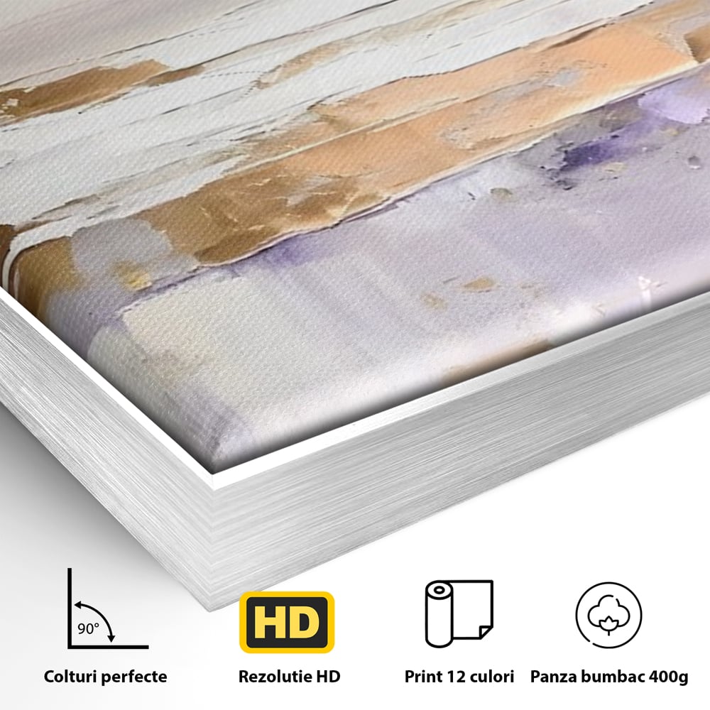 Detaliu al suprafetei: pictura abstracta cu valuri si cer pastelat, in rama de aluminiu argintiu